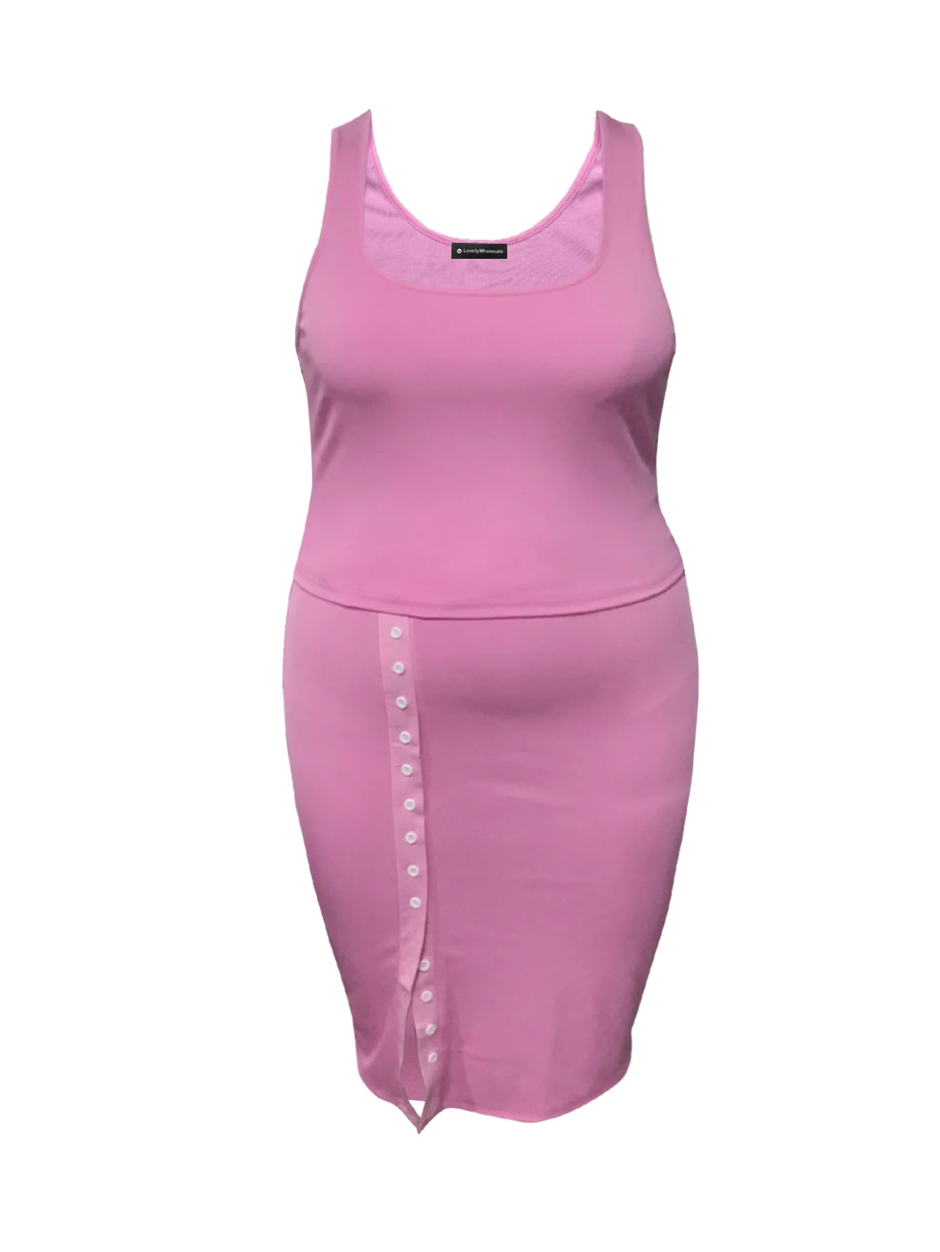 LW Plus Size Cami Button Design Skirt Set Sleeveless Round Neck Tank Top Slit Wrapped Skirt Summer Causal Solid Suit Outfit