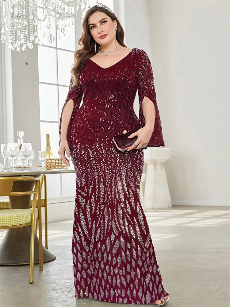 Plus Size Elegant Sequin Black Evening Dress 2025 Women Formal Maxi Prom Long Sleeves Party Luxury Cocktail Bridesmaid Gowns