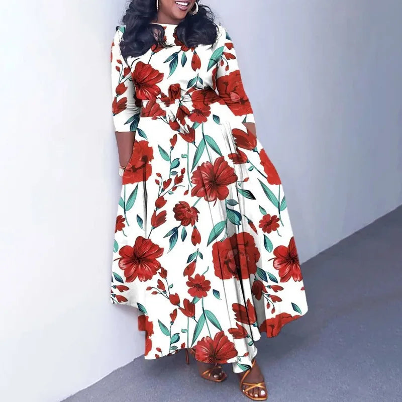 Women's 2024 Autumn New Style Fashionable Elegant Temperament Fashionable Printed Strap Waist Large Skirt Large Size Dress