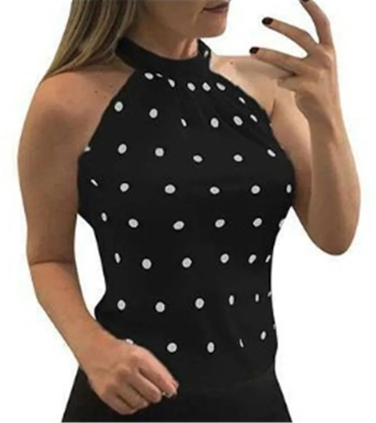Summer T Shirt Women 2023 New Wave Point Printed Spot Female Neck Halter Sleeveless Female Tee Tshirts Dropshipping AYJ046