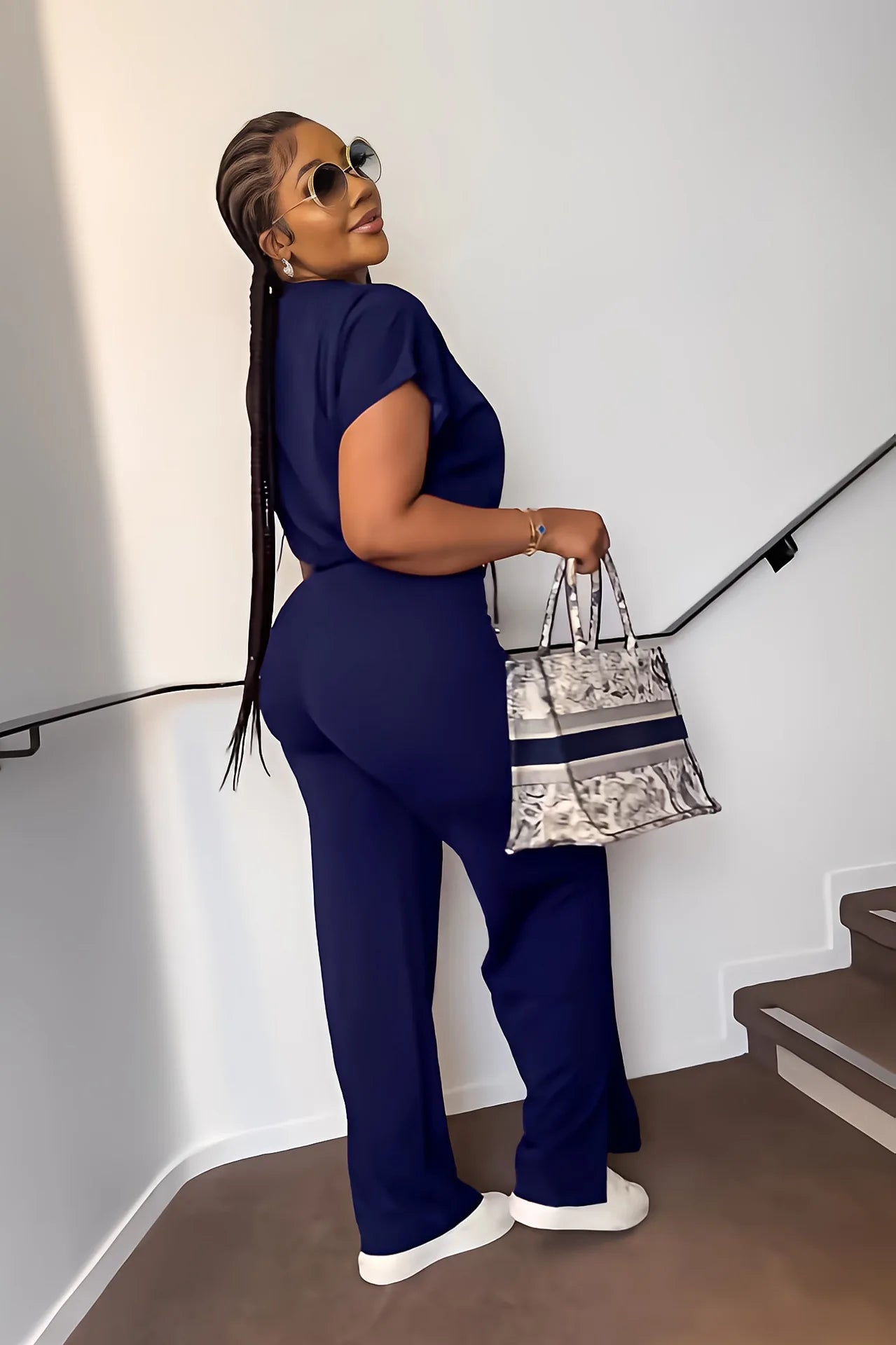Women Casual Round Neck Drawstring Short Sleeve Top & High Waist Pants Set Summer Solid Two Piece Suit Sets Outfits Set Female