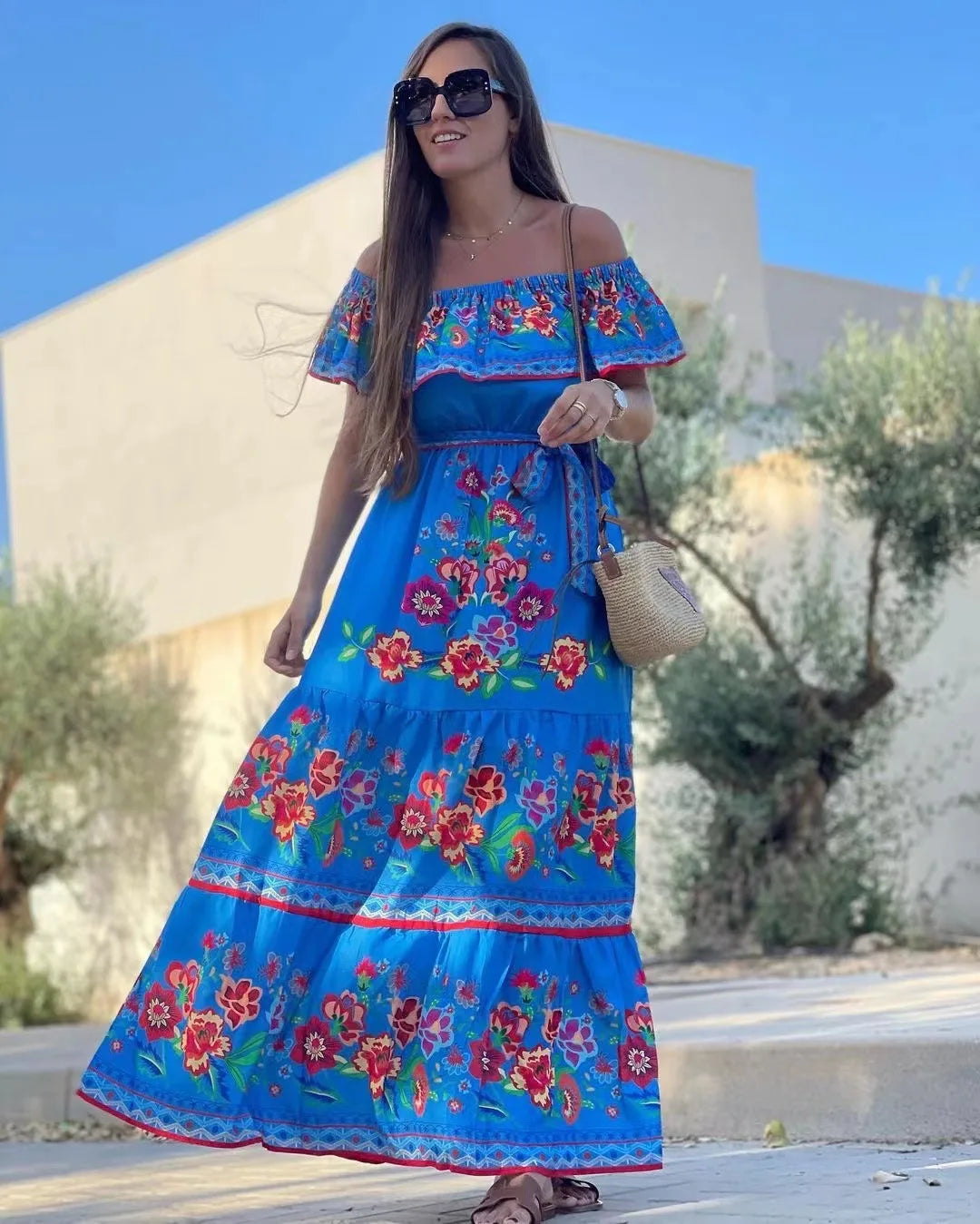 2024 Spring Summer Women's New Sexy One Shoulder Off Shoulder Fashion Red Flower Printed Lace Up Waist Long Swing Dress