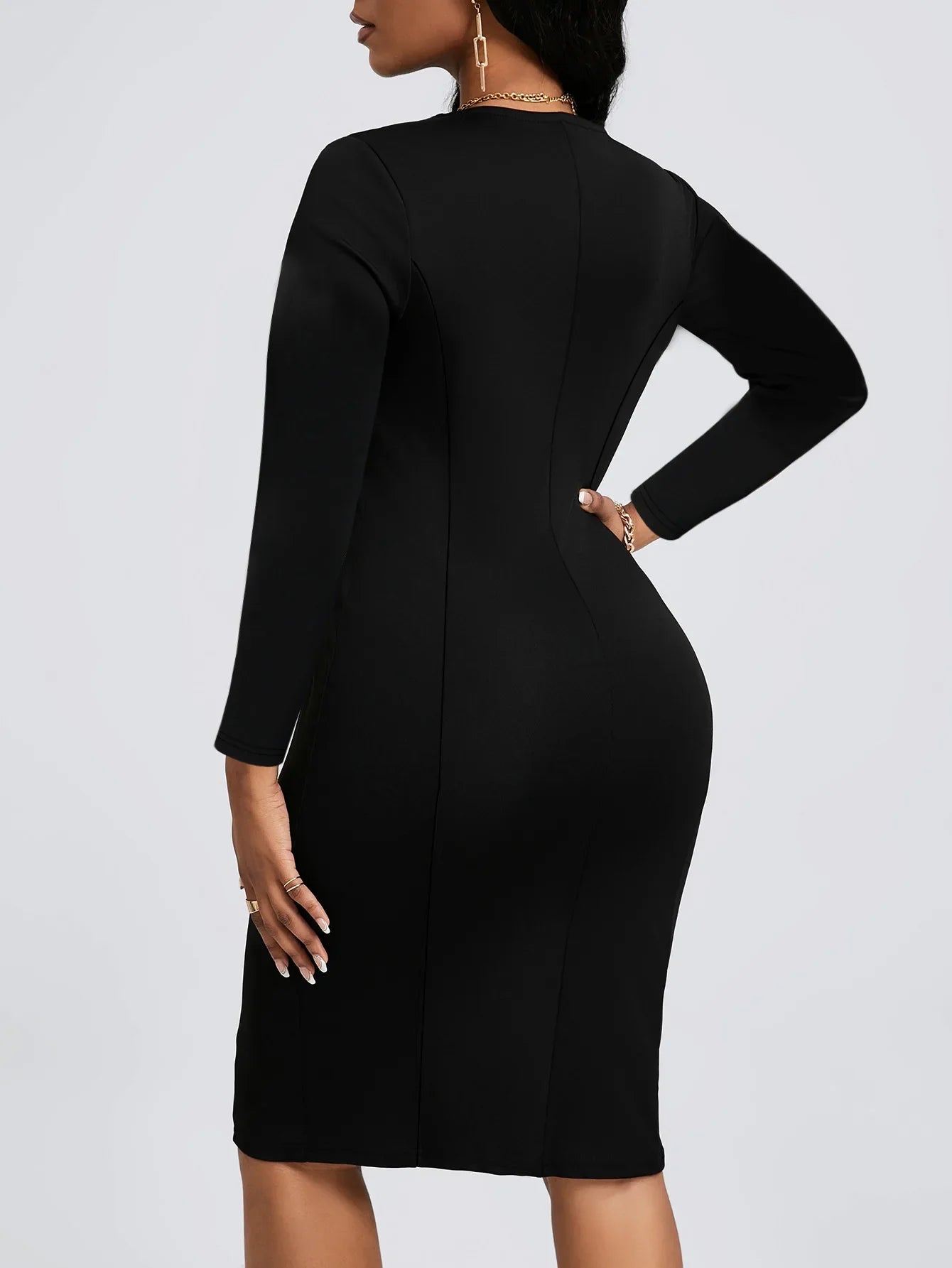 Plus Size Elegant Zipper PU Leather V-Neck Midi Long Sleeve Bodycon Dress Women's plus Size Dress Fashionable Cross-Border Gown