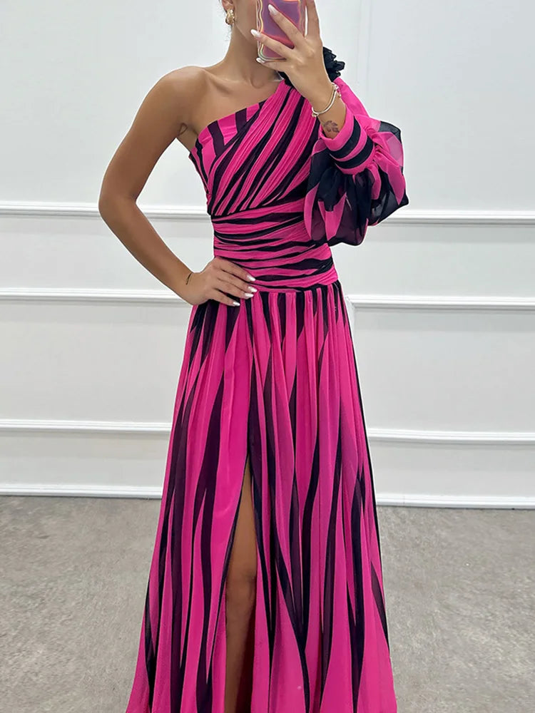 Spring Summer One Off Shoulder Fashion Party Dress, Women Printing Skew Collar Slim Maxi Dress, Long Sleeve Elegant Ladies Dress