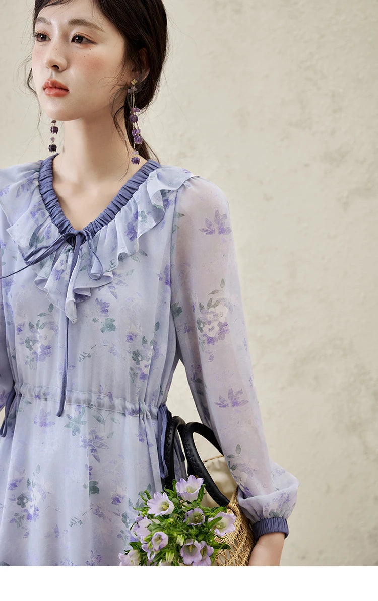 MISHOW Print Spring Summer Dress for Women New 2025 Ruffled V-neck Long Sleeve Blue French Dresses Female Fashion MXE15L2139