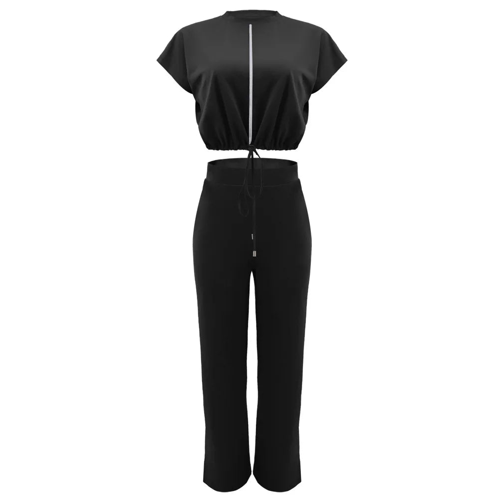 Women Casual Round Neck Drawstring Short Sleeve Top & High Waist Pants Set Summer Solid Two Piece Suit Sets Outfits Set Female