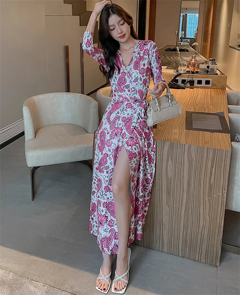 FANIECES Summer Wrap Dresses Women Sexy V Neck Split Maxi Dress Print Female Casual Beachwear Lace Up Party Vestidos Robe платье