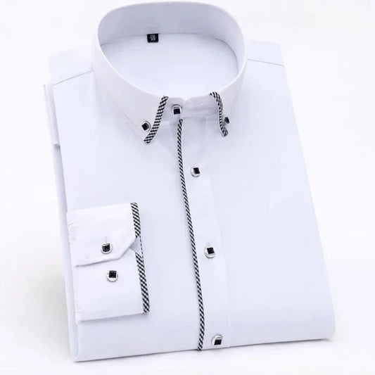 Spring and Autumn Men Dress Shirt Long Sleeve Trim Business Casual Solid Color Shirt Slim Fit White Base Layer Shirt for Male