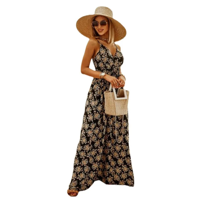 Spring Summer Elegant Women Corset Bohemian Dress Sexy New 2024 Fashion Strap V Neck High Waist Print Long Vacation Dress