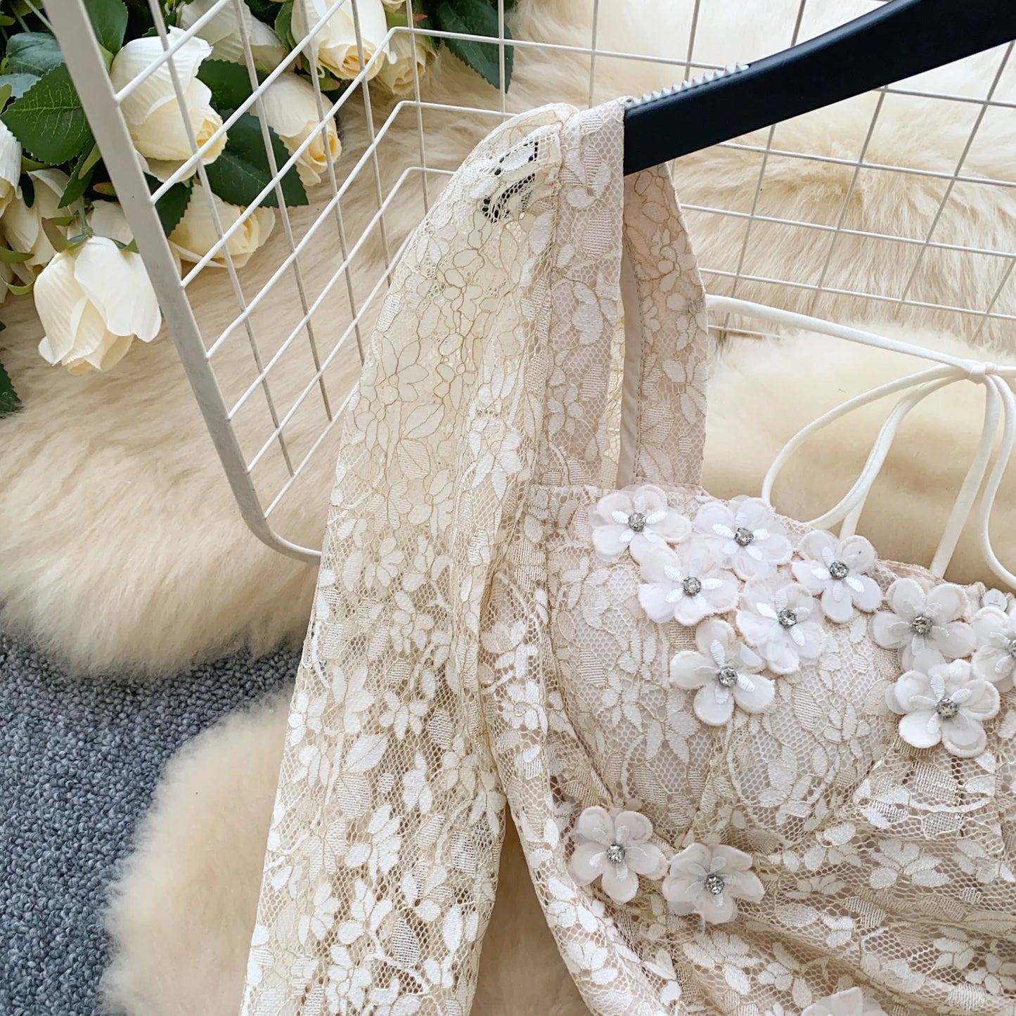 Spring France Elegant Vintage High End Evening Dress Women 3D Flower Lace Hollow Out Party Dress Female Casual Chic Clothing New