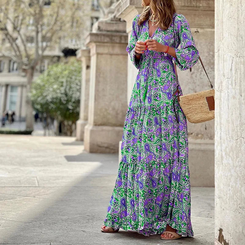 Elegant Women's Flower Long Dresses 2024 Spring New Bohemian Printed Dress Abıye Kadın Abiye Платье Robe Ete Femme Vestidos
