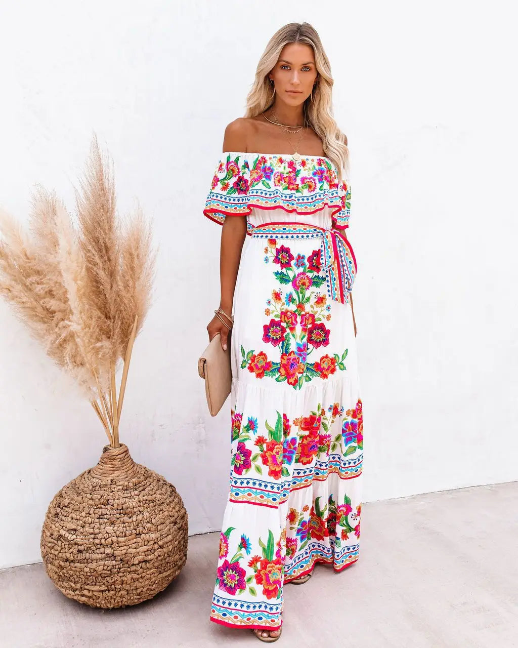 2024 Spring Summer Women's New Sexy One Shoulder Off Shoulder Fashion Red Flower Printed Lace Up Waist Long Swing Dress