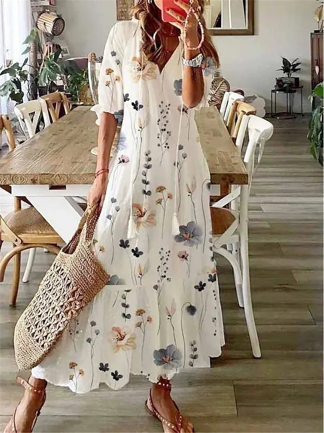 New Women's Spring Summer Dress Sexy V-neck Drawstring Printed Long-sleeved Dress Casual Loose Fashion Elegant Fresh Sweet Dress