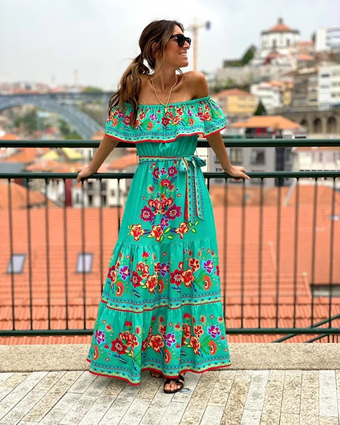 2024 Spring Summer Women's New Sexy One Shoulder Off Shoulder Fashion Red Flower Printed Lace Up Waist Long Swing Dress