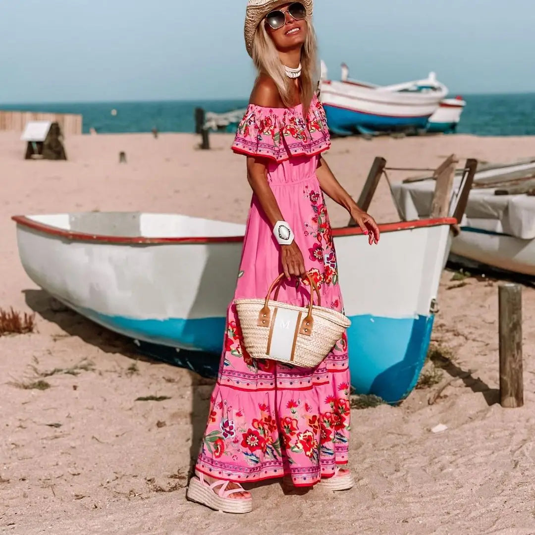 2024 Spring Summer Women's New Sexy One Shoulder Off Shoulder Fashion Red Flower Printed Lace Up Waist Long Swing Dress