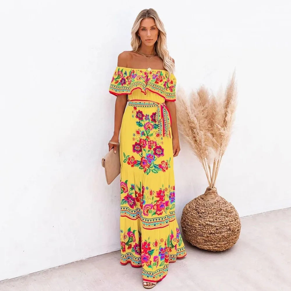 2024 Spring Summer Women's New Sexy One Shoulder Off Shoulder Fashion Red Flower Printed Lace Up Waist Long Swing Dress