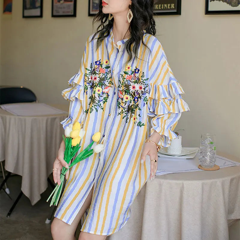 Spring Summer Floral Embroidery Dresses Contrasting Colors Striped Female Single-breasted Ruffles Spliced Straight Midi Dress