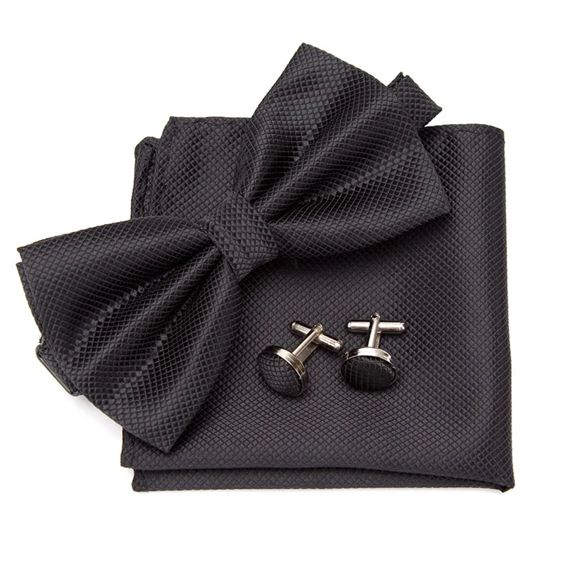 Multicolor Bowtie Pocket Square Cufflinks Sets Classic Solid Color Bowtie Wedding Party Formal Gift Plaids Adjust Neck Bow Tie