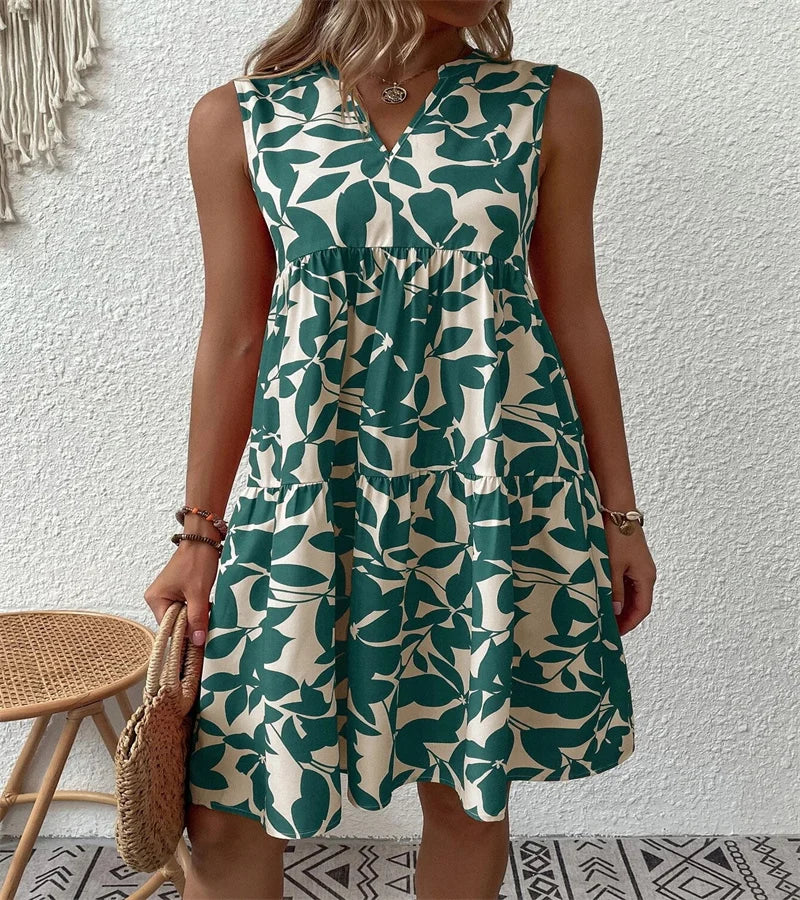 Spring and summer 2024 European and n Ladies Elegant Dress Bohemian fashion loose V-neck ruffle print dress