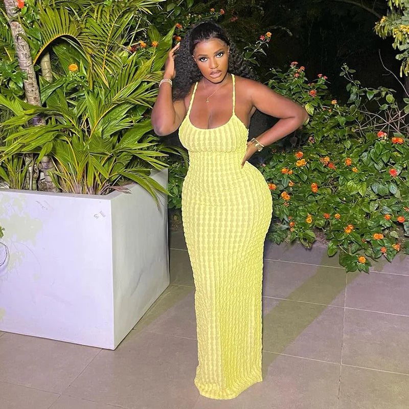 ANJAMANOR Halter Backless Maxi Summer Dresses for Women 2023 Sexy Beach Vacation Outfits Yellow Frilled Slit Long Dress D96-BH26