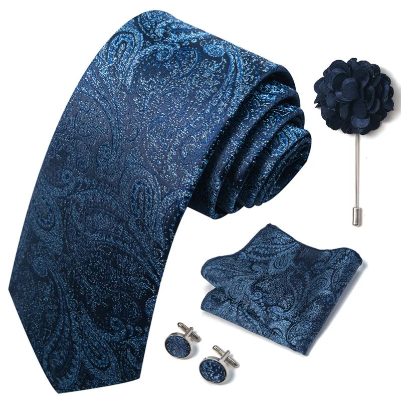 Luxury Mens Ties Floral Black Gold Ties Paisley NeckTie Pocket Square Cufflinks Brooch Set Men's Wedding Party Tie
