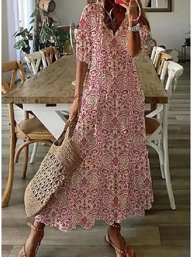 New Women's Spring Summer Dress Sexy V-neck Drawstring Printed Long-sleeved Dress Casual Loose Fashion Elegant Fresh Sweet Dress