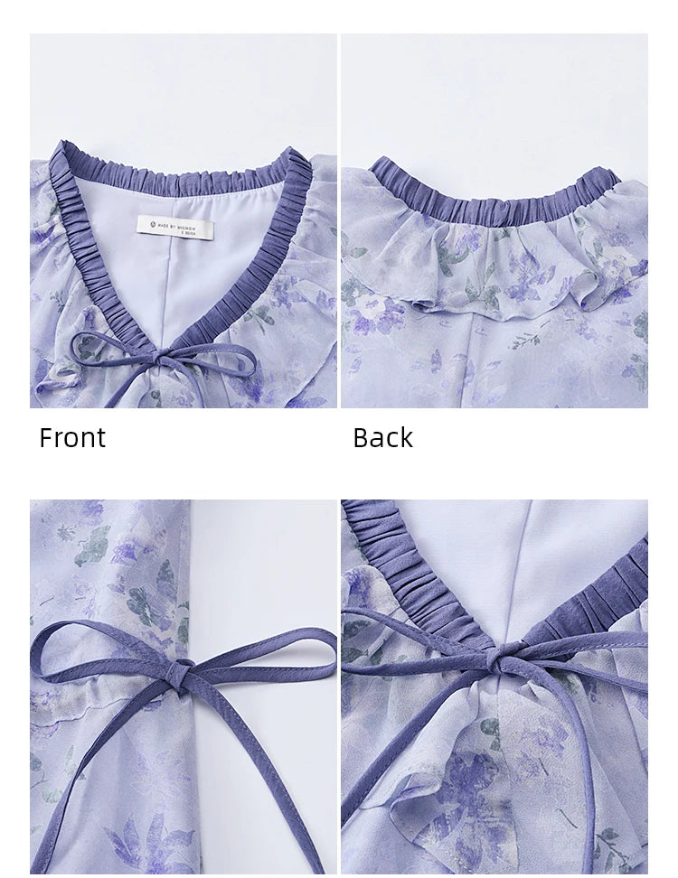 MISHOW Print Spring Summer Dress for Women New 2025 Ruffled V-neck Long Sleeve Blue French Dresses Female Fashion MXE15L2139