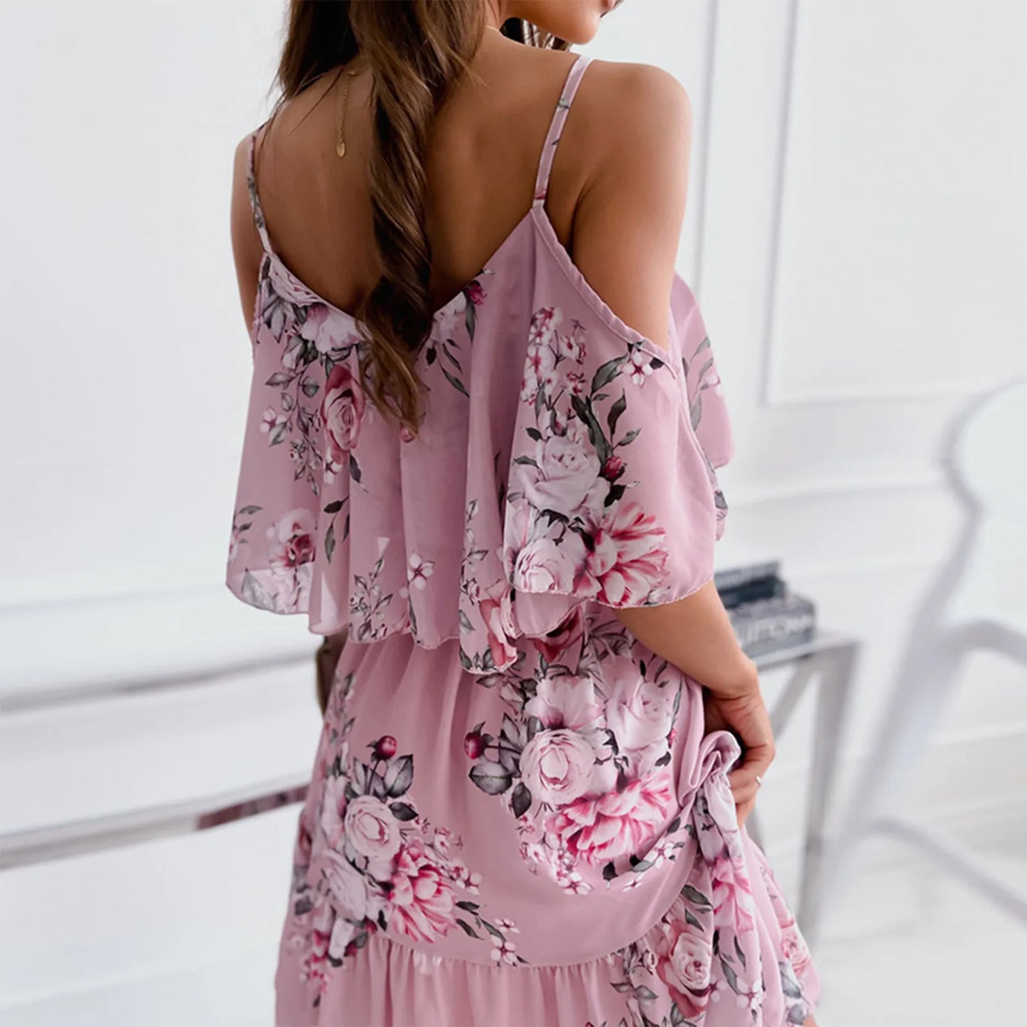 Women'S Spring/Summer New 2024 European And American Chiffon Printing Sexy Off Shoulder Strap Large Swing Ruffle Edge Dress