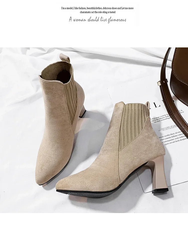 Ankle Boots Women 2024 Autumn Pointed Toe Knitted Warm Elastic Women's Shoes Casual High Heels Platform Boots Botas De Mujer