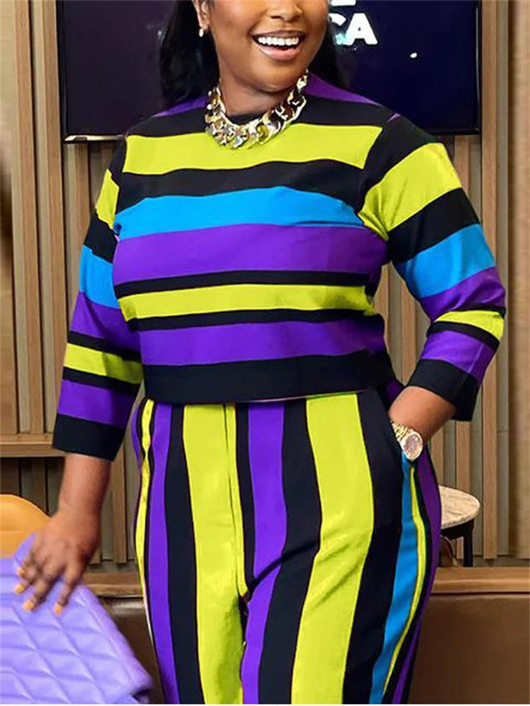 Wmstar Plus Size Two Piece Women Clothing Long Sleeve Crop Top and Pants Sets Striped Matching Set Wholesale Dropshopping 2023