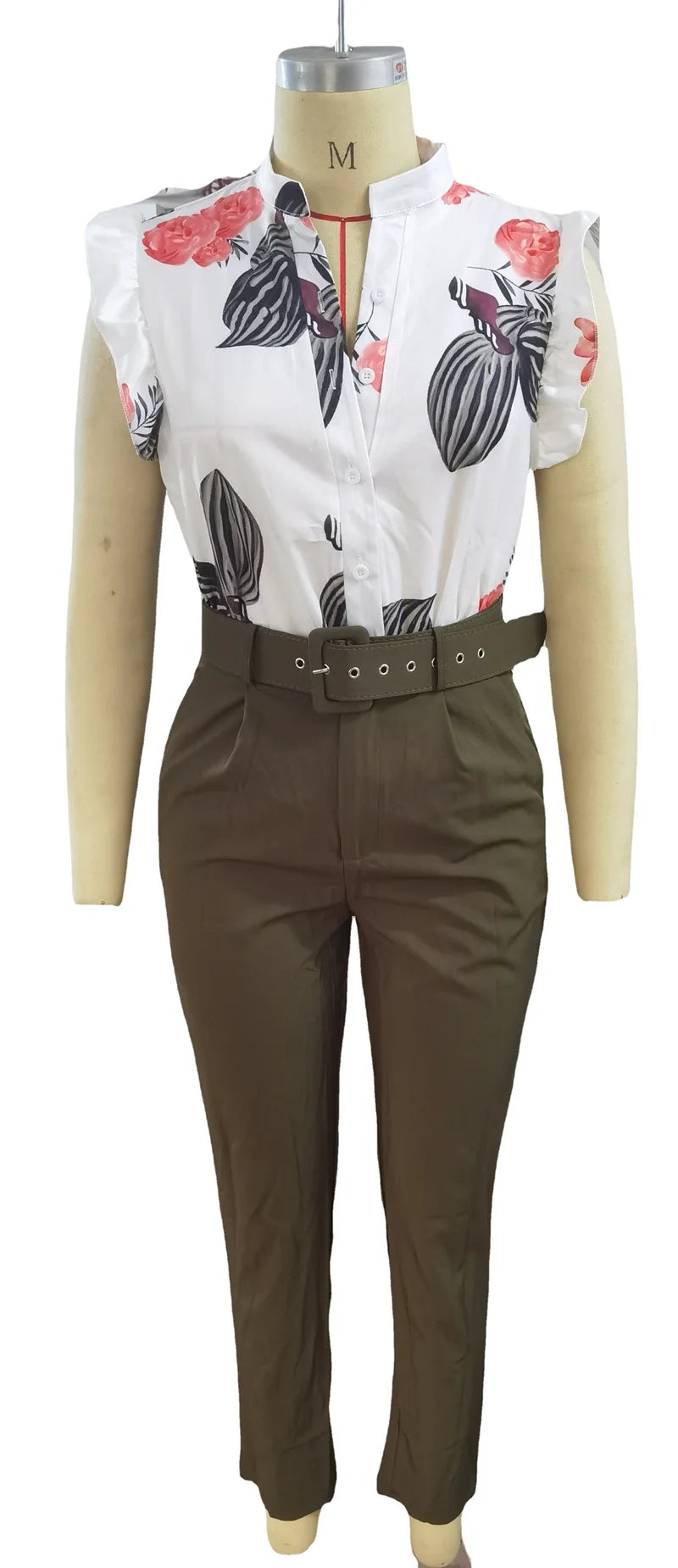Elegant Women Two Piece Set Suits New Fashion Printed Ruffle Sleeve Top Solid Color Pants Set With Belt  Blouses Female Clothing