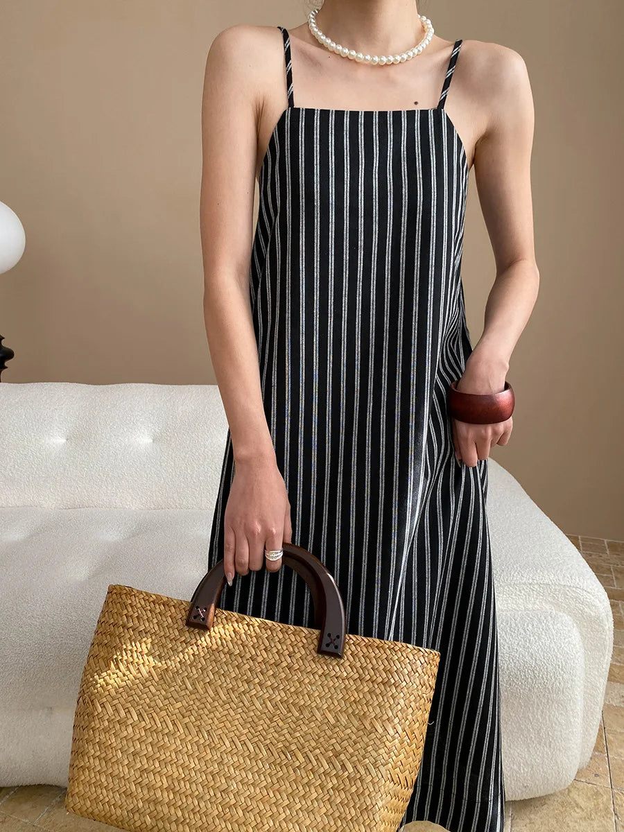 Spring and summer women's casual striped loose suspender dress