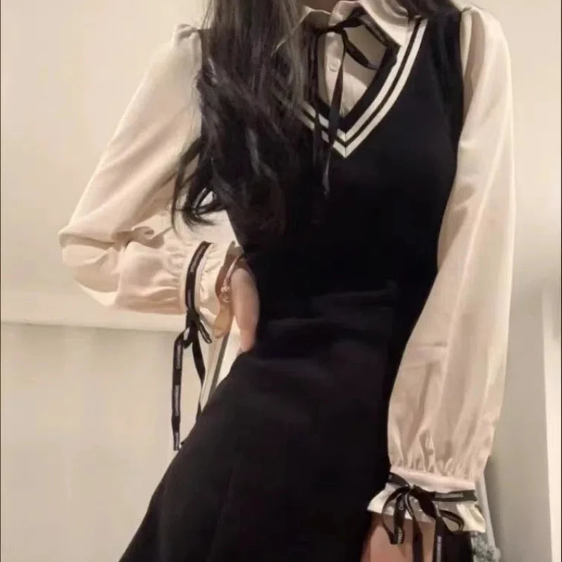 Spring Summer Fashion Fake Two Pieces Dresses Women High Street Turn-down Collar Long Sleeve Dress Elegant Button Bow Vestidos