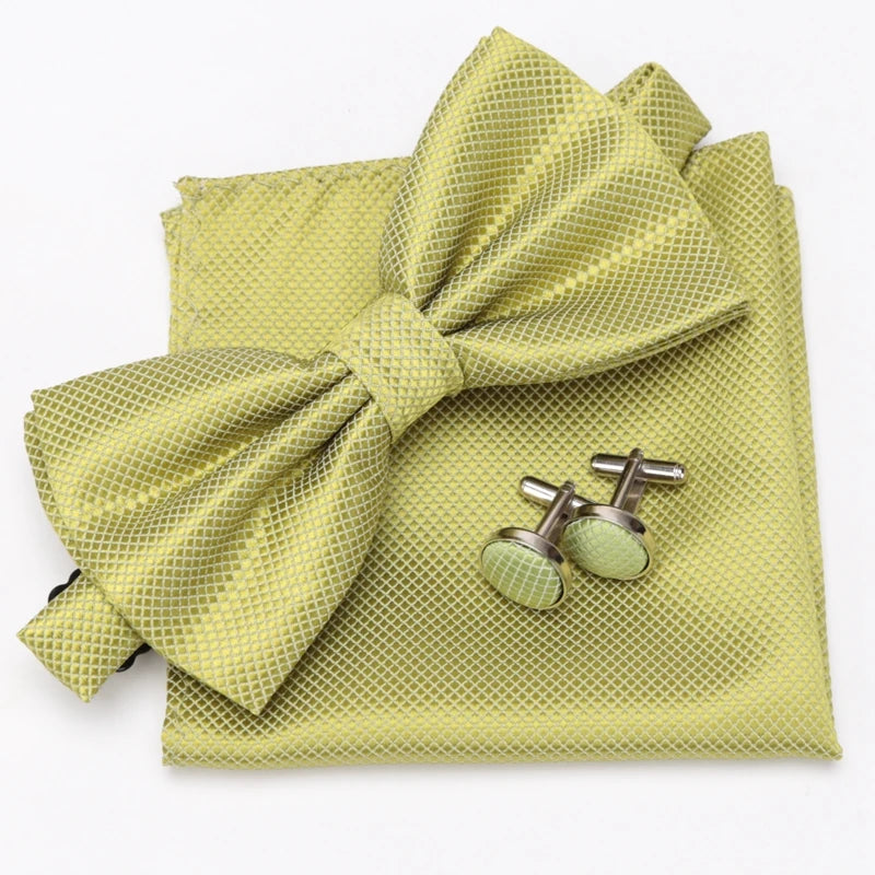 Multicolor Bowtie Pocket Square Cufflinks Sets Classic Solid Color Bowtie Wedding Party Formal Gift Plaids Adjust Neck Bow Tie
