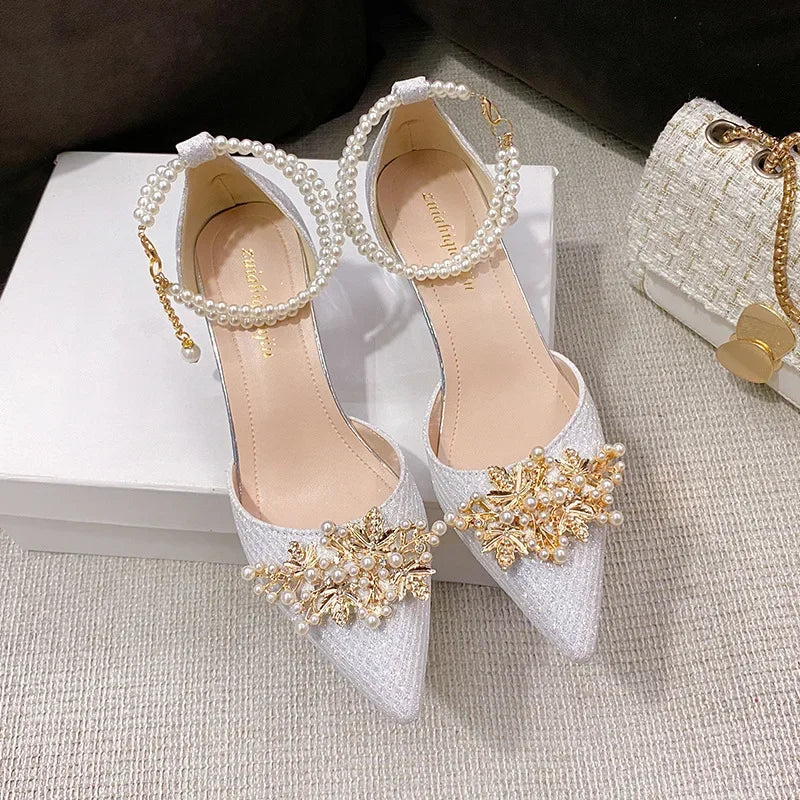 Ladies Shoes on Sale Fashion Pointed Metal Beaded Solid Women's High Heels Summer Leisure Banquet Women Wedding Pump 2024