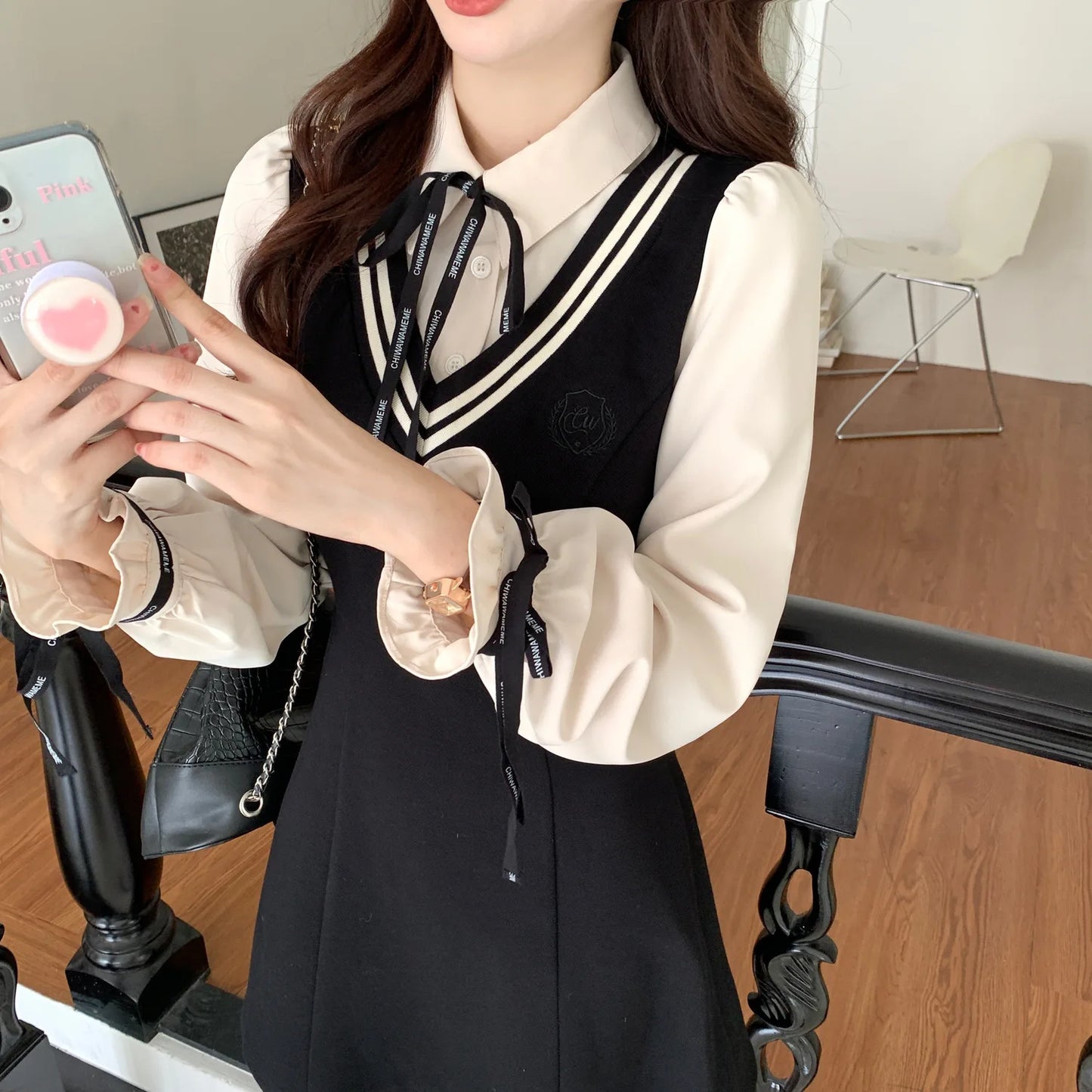 Spring Summer Fashion Fake Two Pieces Dresses Women High Street Turn-down Collar Long Sleeve Dress Elegant Button Bow Vestidos