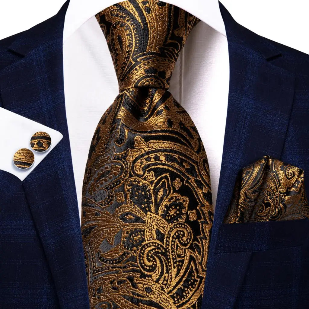 Hi-Tie Psialey Black Gold Silk Elegant Tie For Men Groom Wedding Men Necktie Pocket Square Cufflink Accessory Wholesale Designer