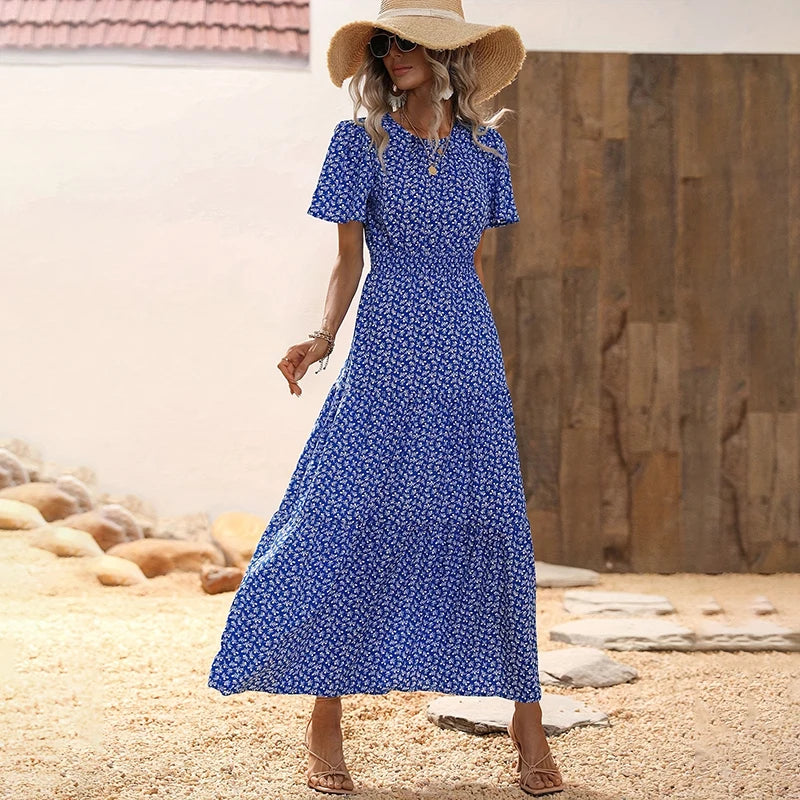 Spring Summer Tierred Dress Women Midi Dresses Female Short Sleeve Elastic Waist Printed Floral Pleated Backless Casual Dress