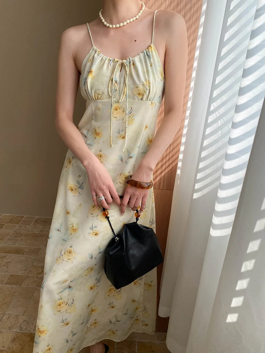 Spring and summer women's casual flower print slim fit suspender dress