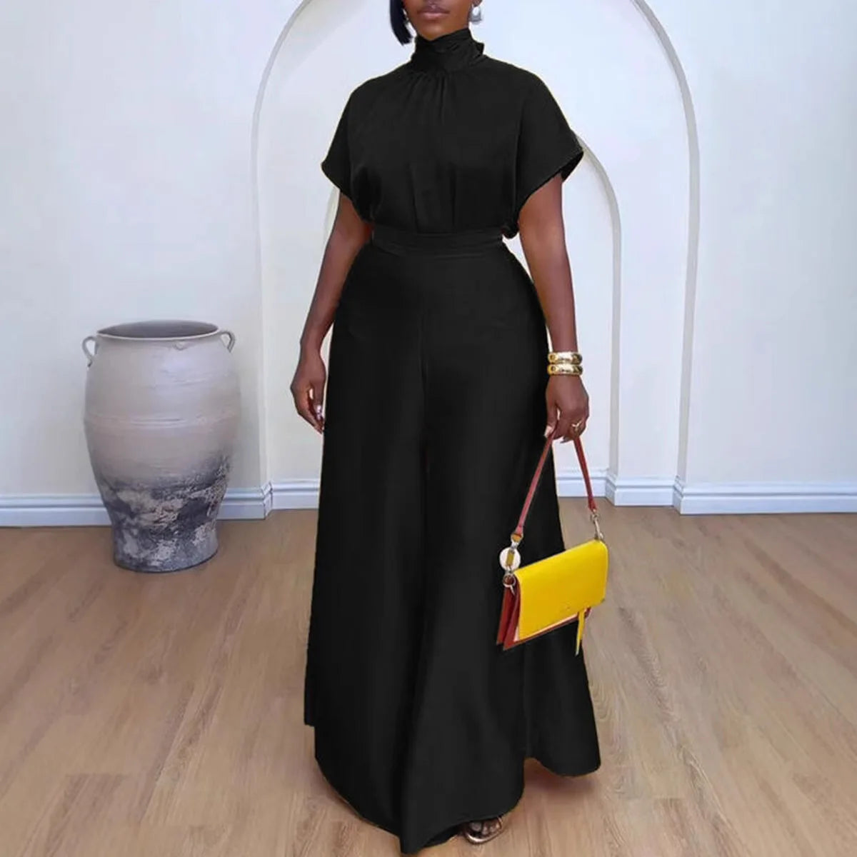 CM.YAYA Women's Set satin Short Sleeve Turtleneck Shirt+wide Leg Pants 2024 Fall Streetwear OL Two 2Piece Sets Outfits Tracksuit