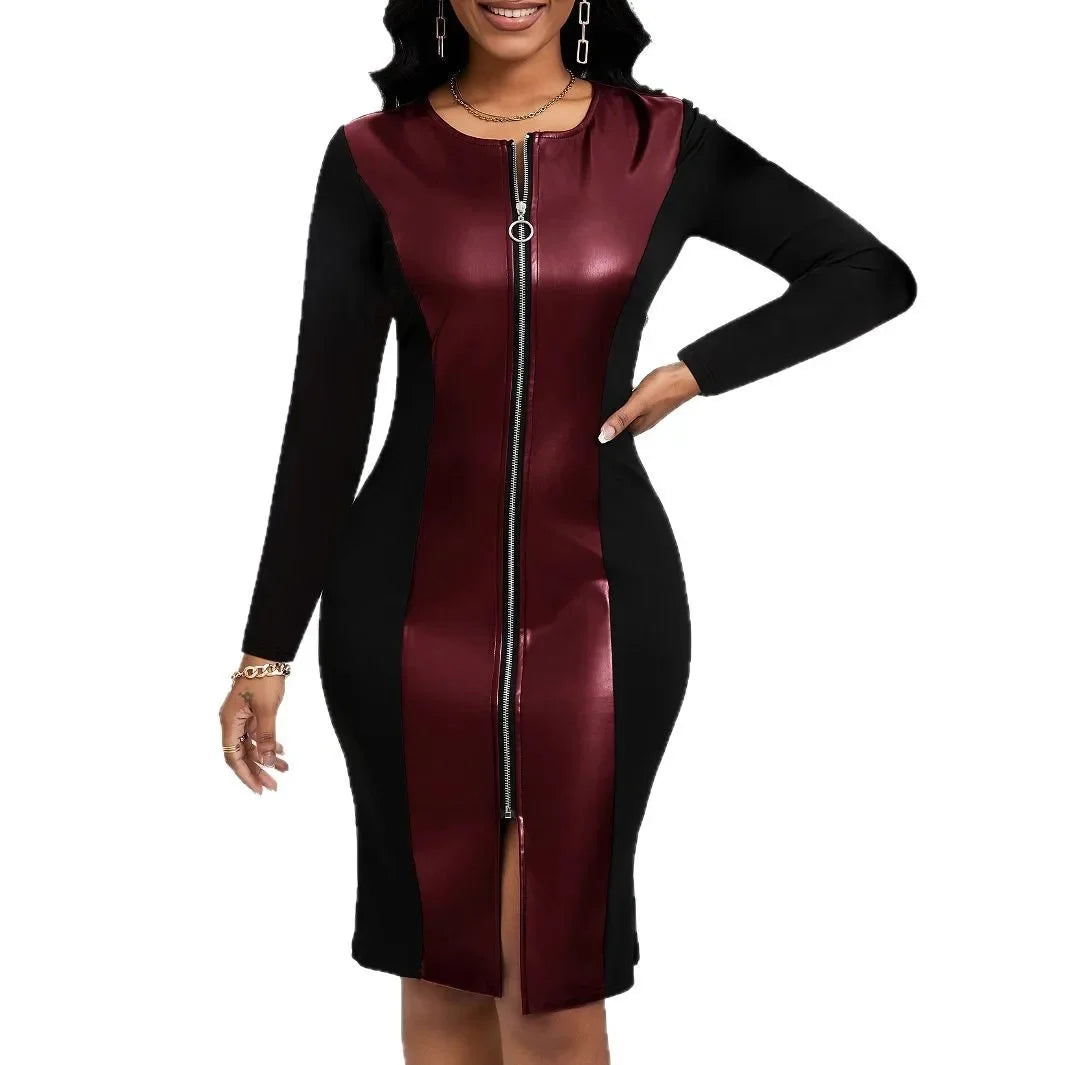 Plus Size Elegant Zipper PU Leather V-Neck Midi Long Sleeve Bodycon Dress Women's plus Size Dress Fashionable Cross-Border Gown