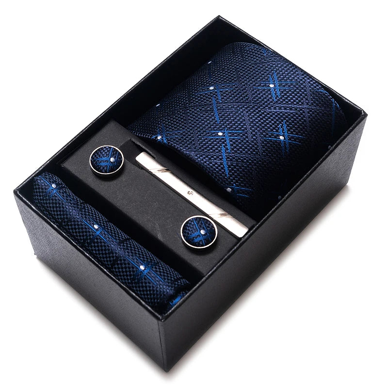 Tie Handkerchief Cufflink Set For Men Necktie Holiday Gift Box Blue Gold Suit Accessories Slim Wedding Gravatas