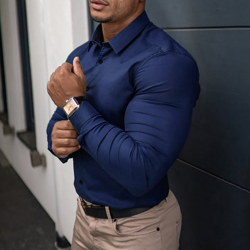 Spring Autumn New Fashion Long Sleeve Shirt Mens Super Slim Fit Luxury Classic Turn-down Single Breasted Business Dress Shirt