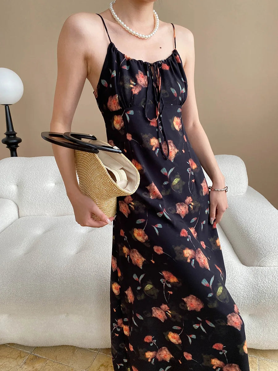 Spring and summer women's casual flower print slim fit suspender dress