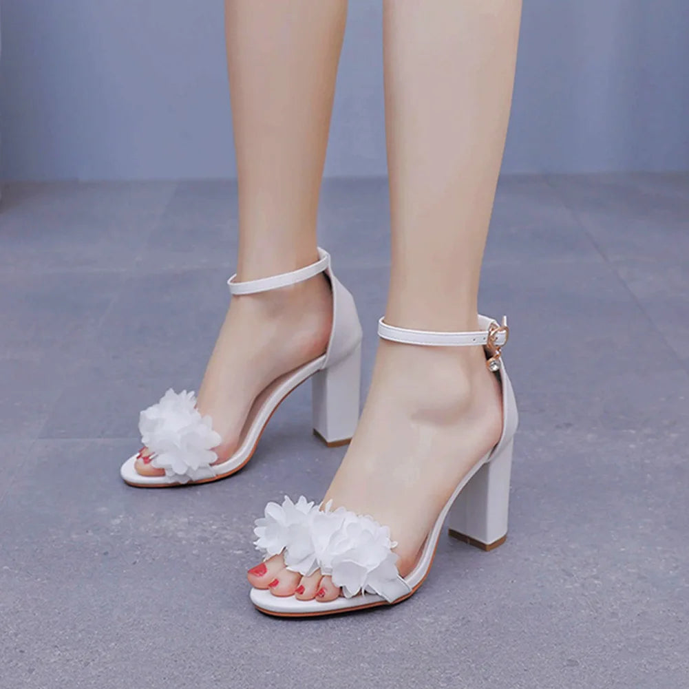 Flower Band Bridesmaide Shoes Woman Wedding High Heels Sandals Ankle Strap Wedges Cover Heeled Tacones Ladies Office Dress Pumps