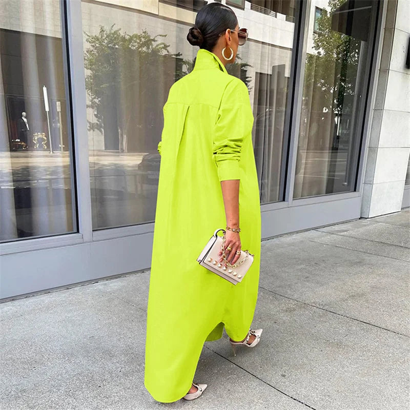 Spring Summer Long Sleeve Shirt Dress Women Turn-down Collar Button Up Straight Maxi Dress Loose Casual Long Dresses Vestidos