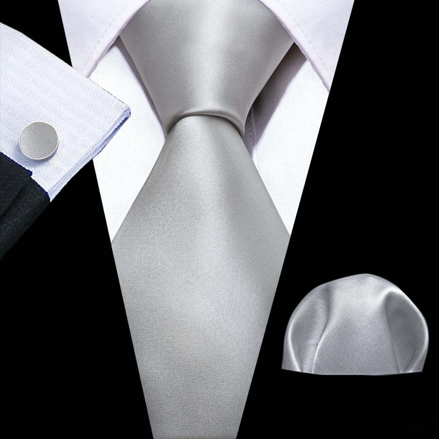 Barry.Wang Black White Gray Silver Silk Men Tie Handkerchief Cufflinks Set Jacquard Necktie for Male Wedding Business Party Gift