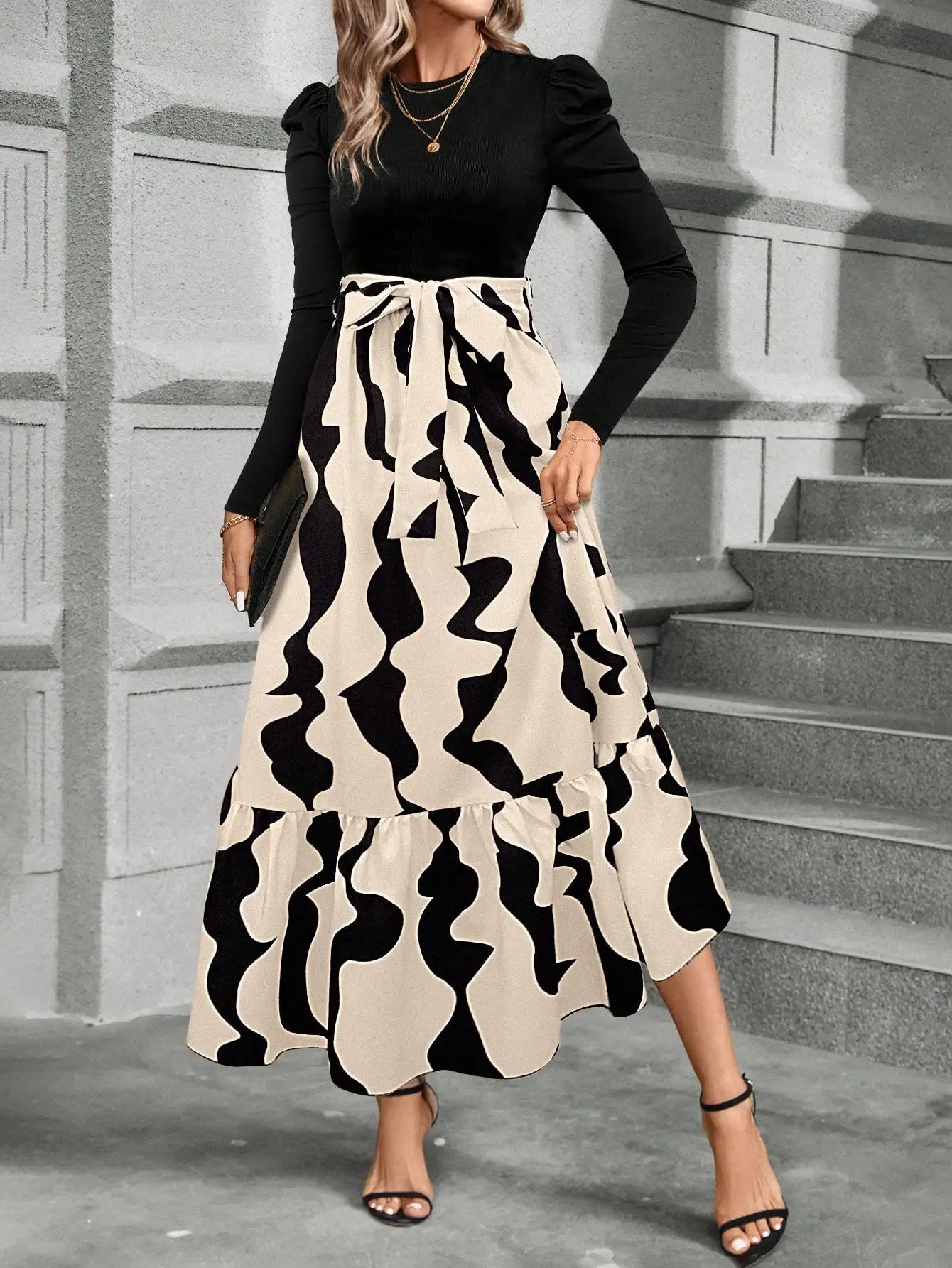 Spring and summer color combination high-waisted flower print dress woman elegant