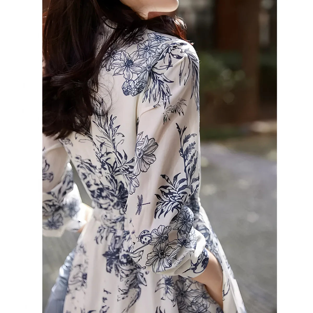 Women's spring and fall vintage print dress interpretation of elegant temperament lace-up slim French long sleeve long skirt