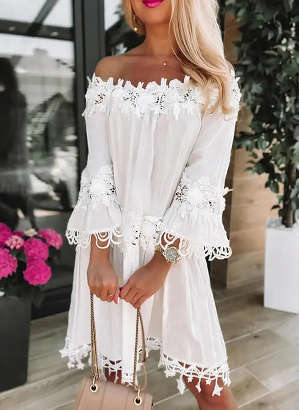 Spring Autumn New Women Sexy Strapless One Shoulder Solid Color Dinner Dresses Fashion Lace Lace Casual Loose Party White Dress